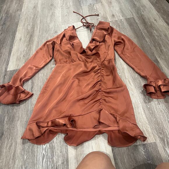 Majorelle Nelly Sain Long Sleeve Ruched Ruffle Dress Terracotta Brown Medium - Picture 3 of 10